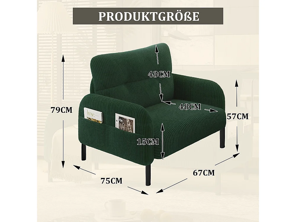 Fauteuil velours confortable accoudoirs poches latérales structure solide multipièce salon chambre bureau vert émeraude