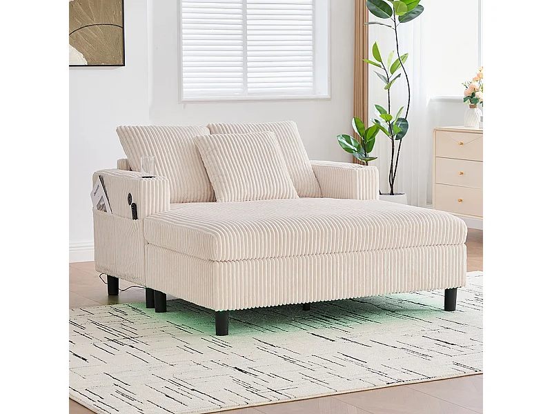 Lange zachte fauteuil met bekerhouders USB-poorten en geïntegreerde LED-verlichting voor de woonkamer of veranda beige