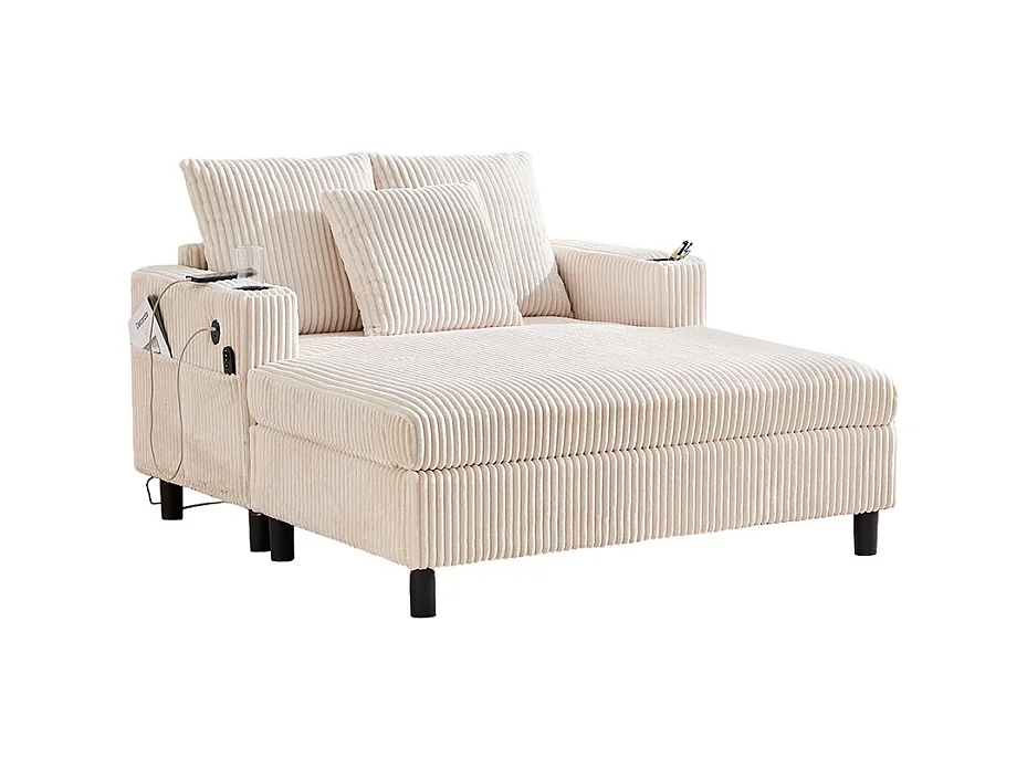 Fauteuil longue généreux moelleux porte-gobelets ports USB éclairage LED intégré salon chambre véranda beige