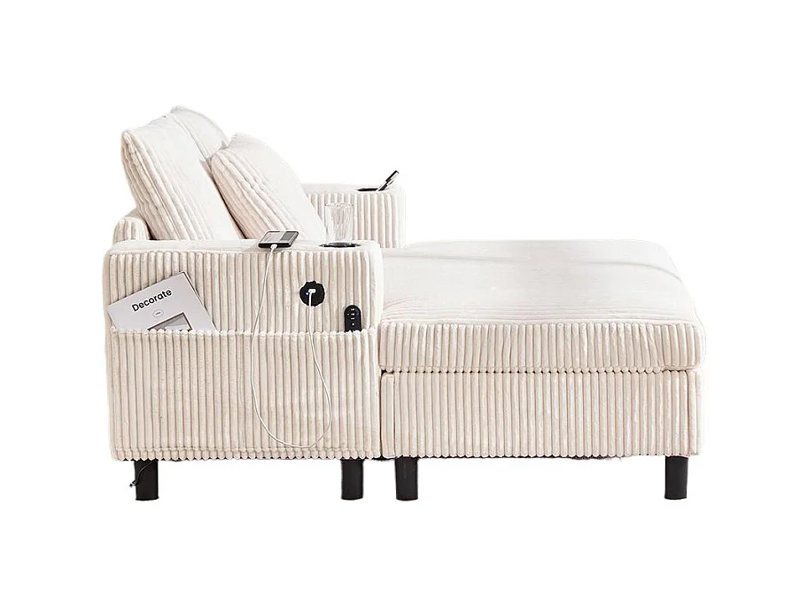 Fauteuil longue généreux moelleux porte-gobelets ports USB éclairage LED intégré salon chambre véranda beige