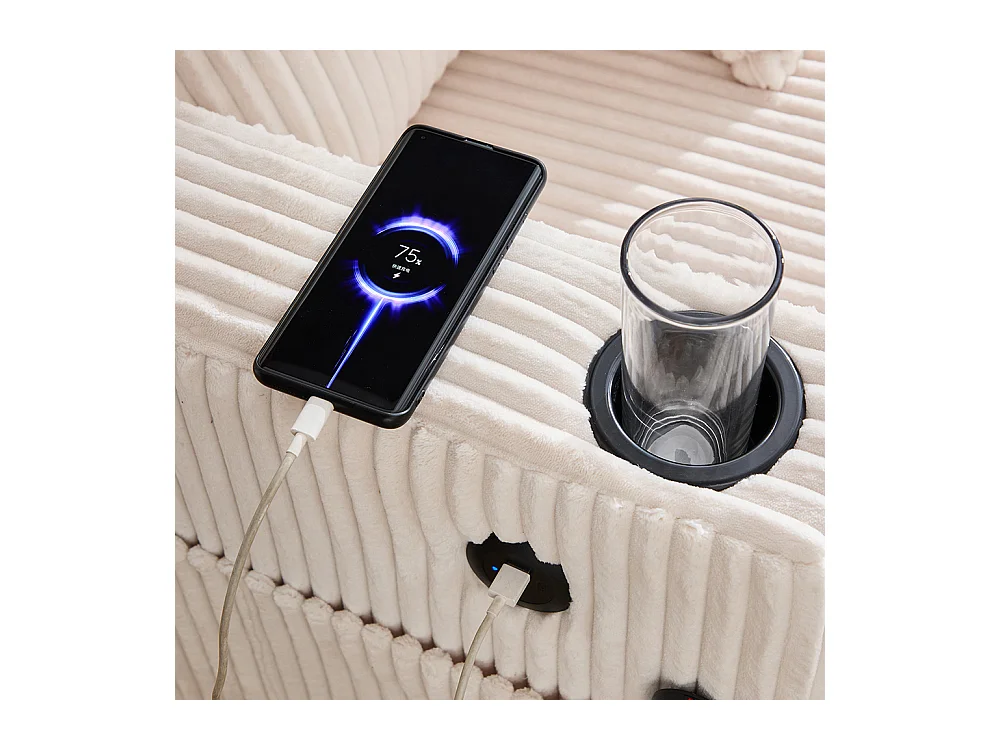 Fauteuil longue généreux moelleux porte-gobelets ports USB éclairage LED intégré salon chambre véranda beige