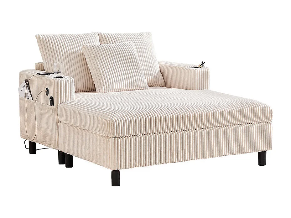 Fauteuil longue généreux moelleux porte-gobelets ports USB éclairage LED intégré salon chambre véranda beige