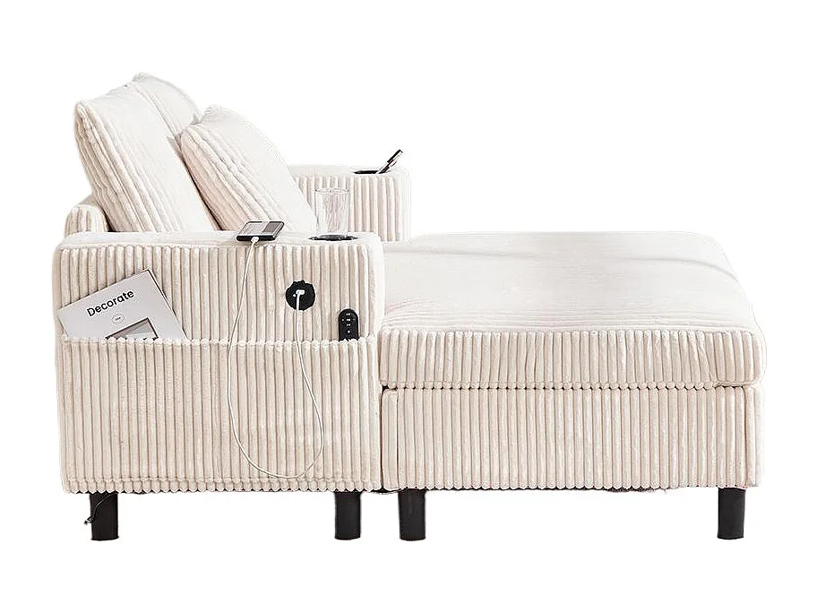 Fauteuil longue généreux moelleux porte-gobelets ports USB éclairage LED intégré salon chambre véranda beige