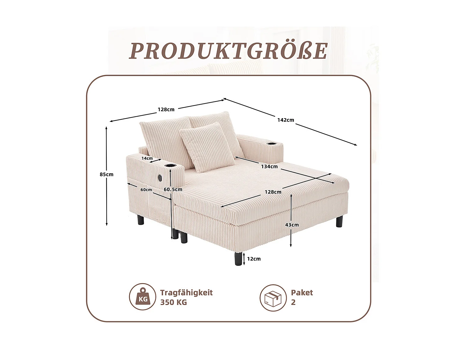 Fauteuil longue généreux moelleux porte-gobelets ports USB éclairage LED intégré salon chambre véranda beige