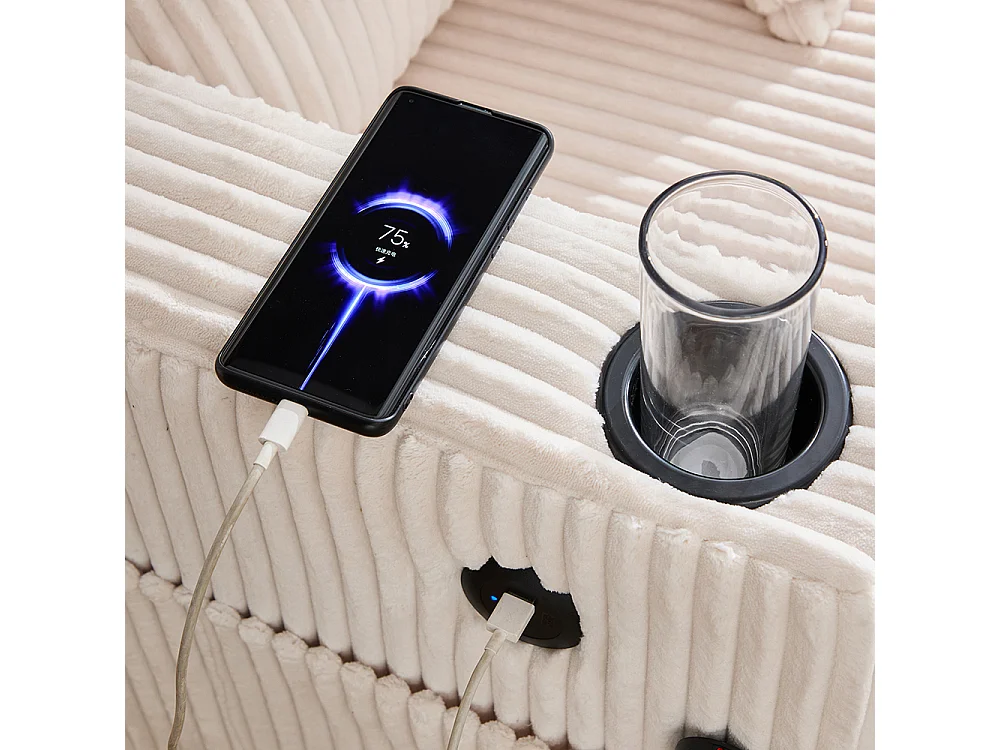 Fauteuil longue généreux moelleux porte-gobelets ports USB éclairage LED intégré salon chambre véranda beige