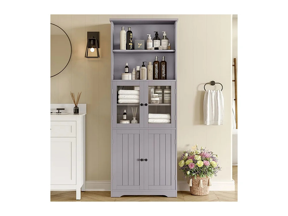 Colonne salle de bain peinture résistante à l'humidité porte vitrée porte en bois deux compartiments ouverts cloisons réglables gris