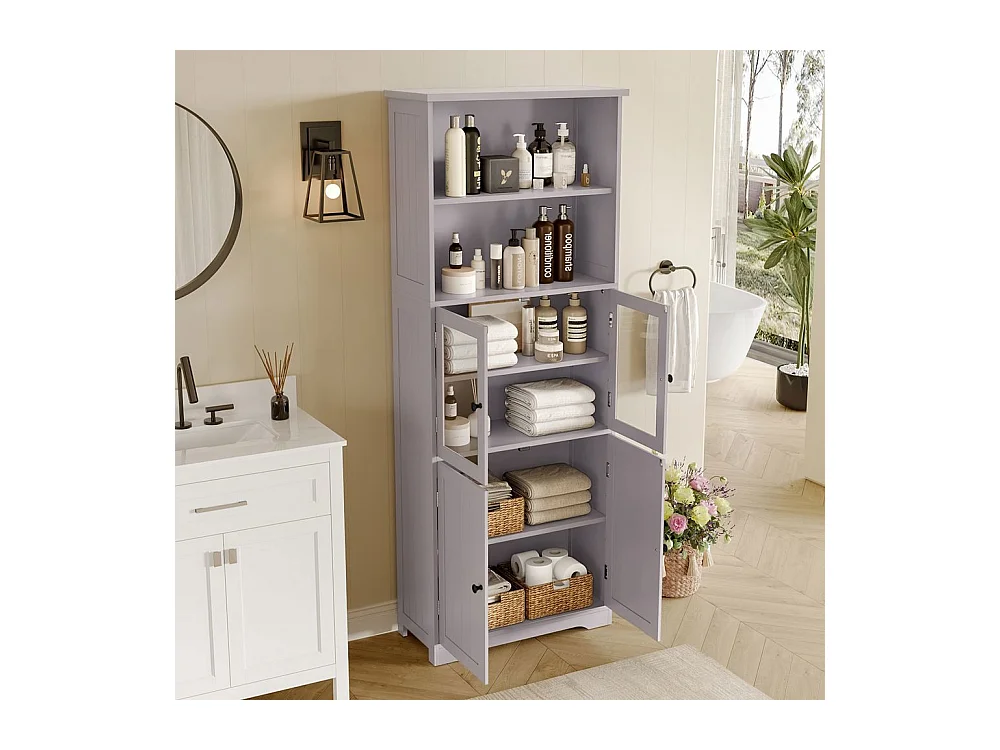 Colonne salle de bain peinture résistante à l'humidité porte vitrée porte en bois deux compartiments ouverts cloisons réglables gris