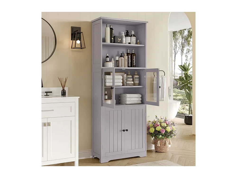 Colonne salle de bain peinture résistante à l'humidité porte vitrée porte en bois deux compartiments ouverts cloisons réglables gris