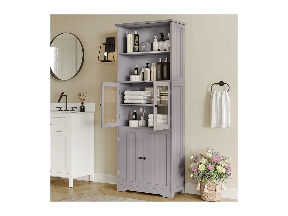 Colonne salle de bain peinture résistante à l'humidité porte vitrée porte en bois deux compartiments ouverts cloisons réglables gris