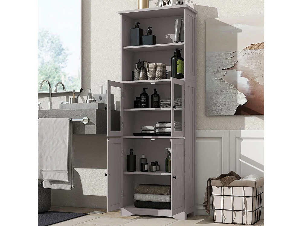 Colonne salle de bain peinture résistante à l'humidité porte vitrée porte en bois deux compartiments ouverts cloisons réglables gris