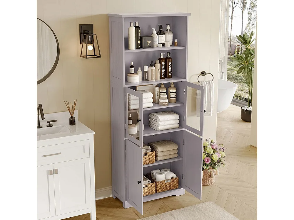 Colonne salle de bain peinture résistante à l'humidité porte vitrée porte en bois deux compartiments ouverts cloisons réglables gris