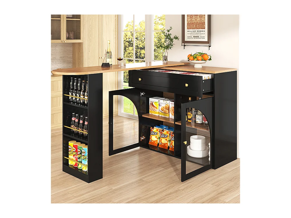 Buffet de cuisine table de bar extensible espace rangement pivotante 360° table de bar mobile moderne table bistrot étagères verre noir