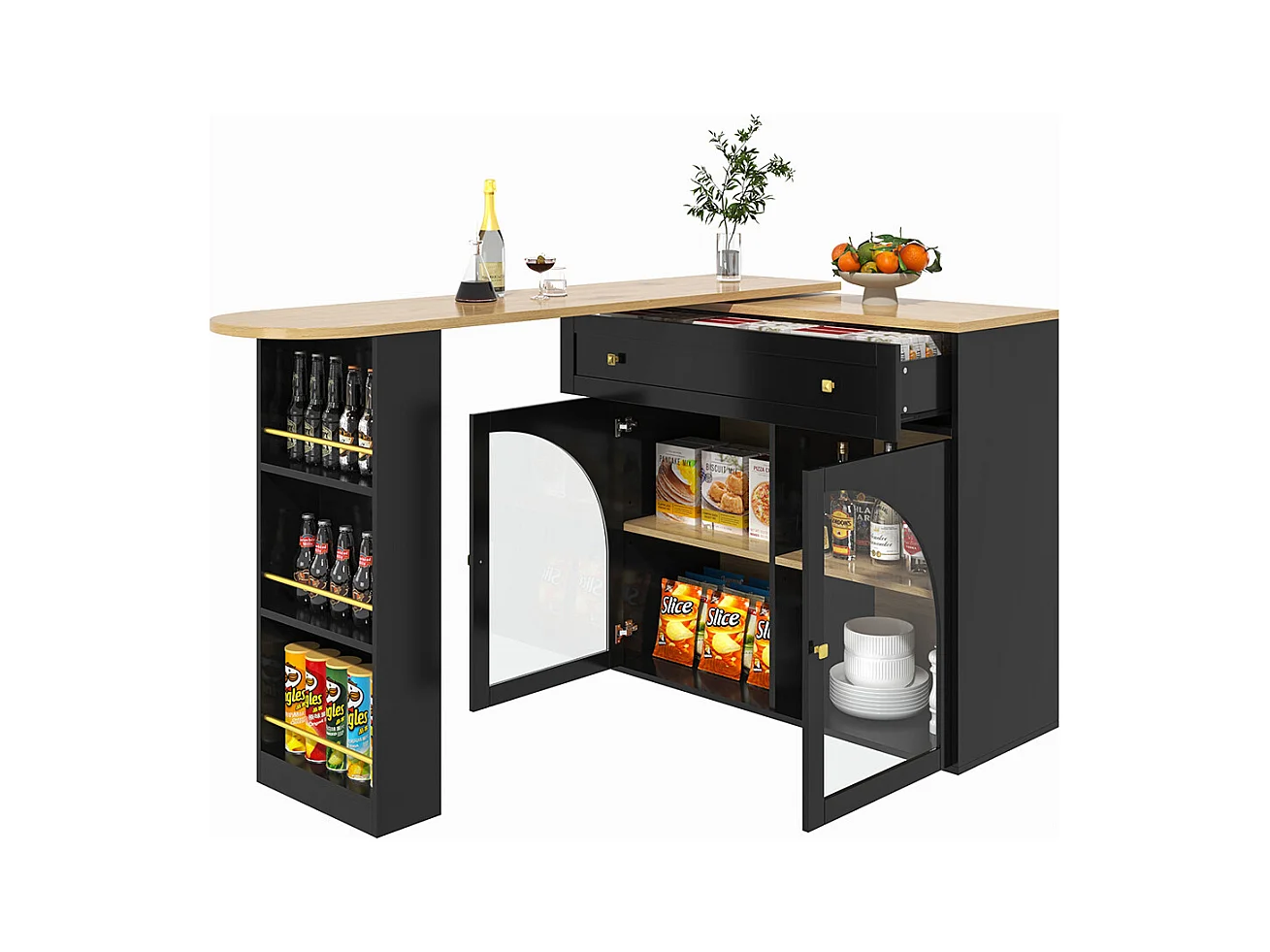 Buffet de cuisine table de bar extensible espace rangement pivotante 360° table de bar mobile moderne table bistrot étagères verre noir