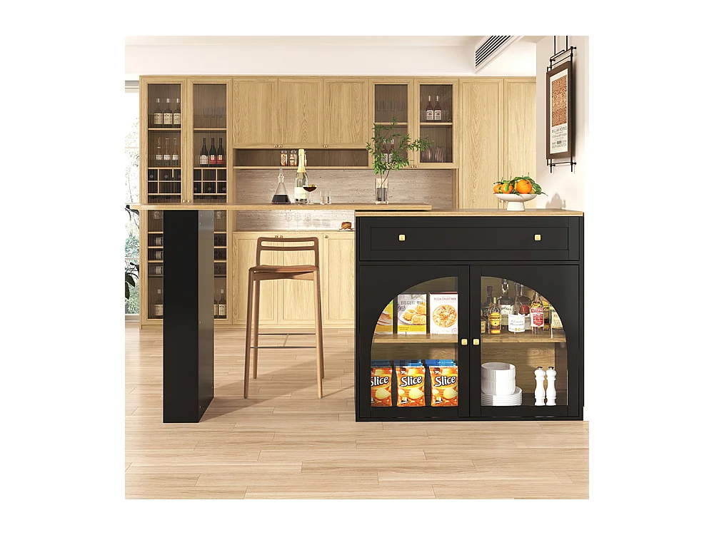 Buffet de cuisine table de bar extensible espace rangement pivotante 360° table de bar mobile moderne table bistrot étagères verre noir