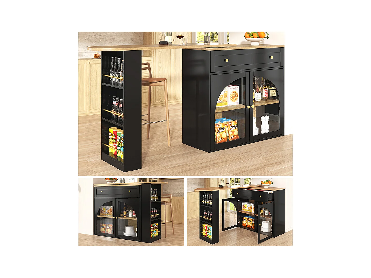 Buffet de cuisine table de bar extensible espace rangement pivotante 360° table de bar mobile moderne table bistrot étagères verre noir