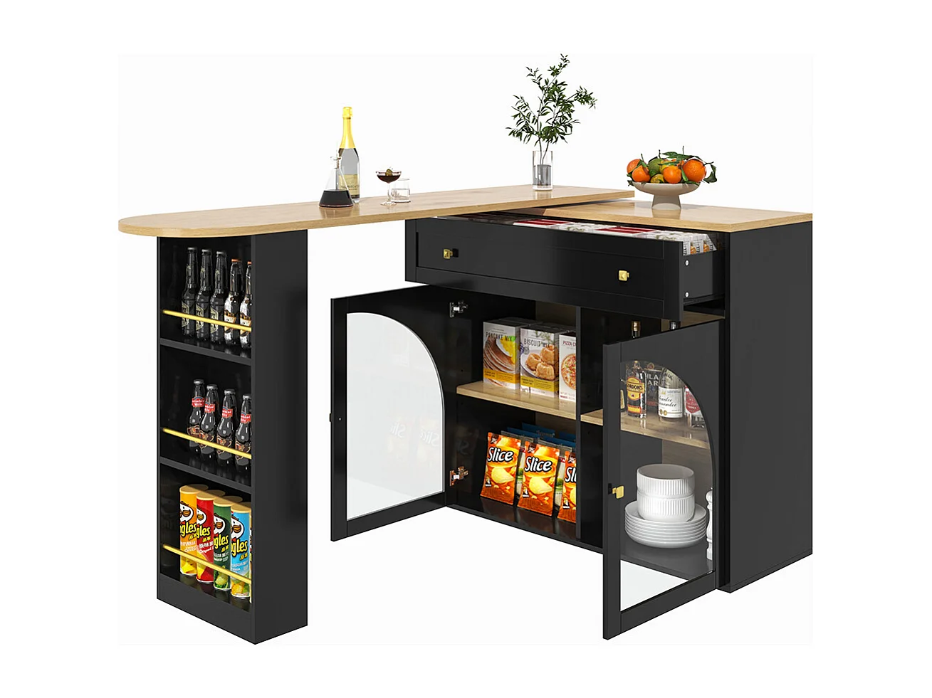 Buffet de cuisine table de bar extensible espace rangement pivotante 360° table de bar mobile moderne table bistrot étagères verre noir