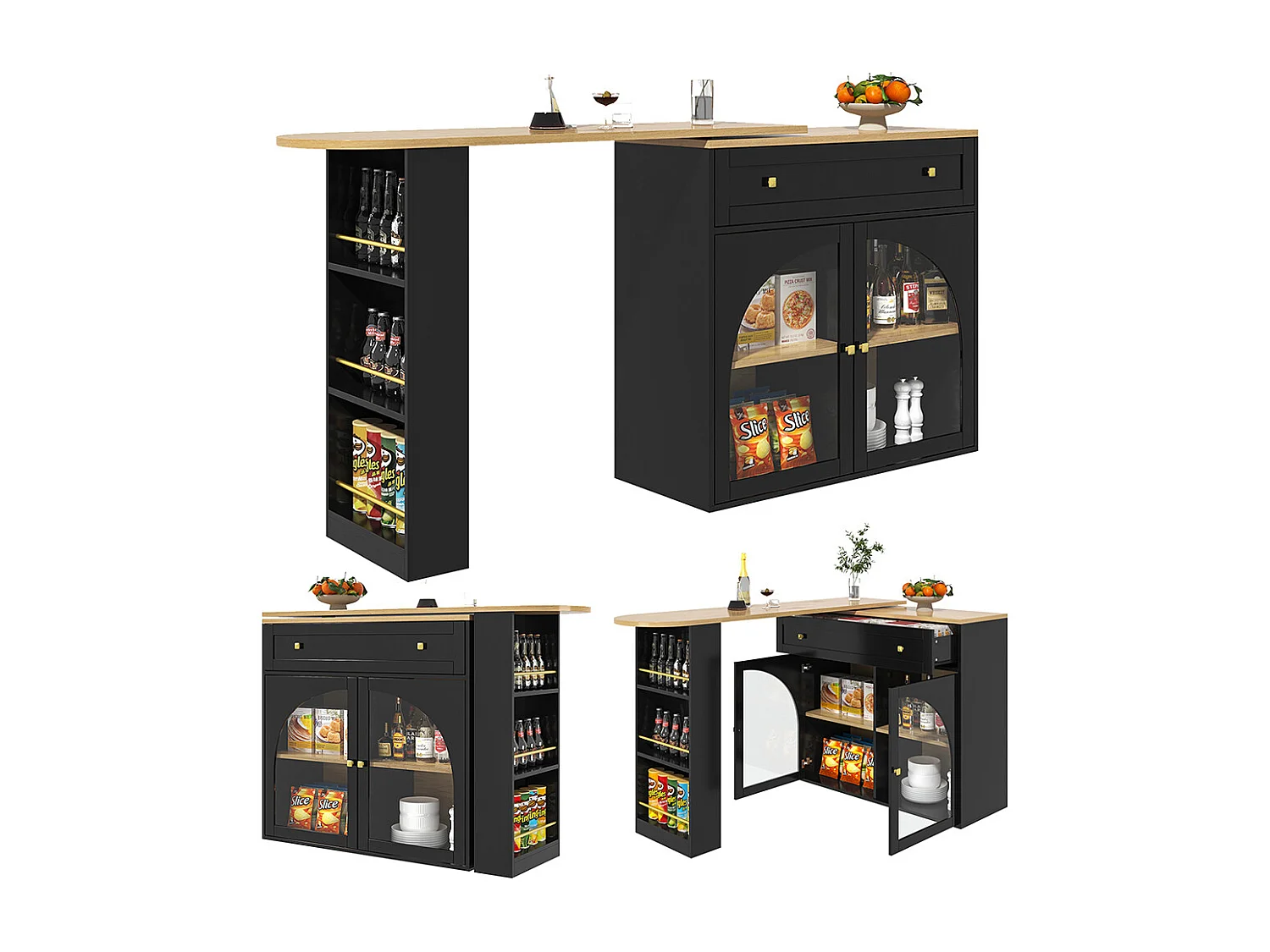 Buffet de cuisine table de bar extensible espace rangement pivotante 360° table de bar mobile moderne table bistrot étagères verre noir