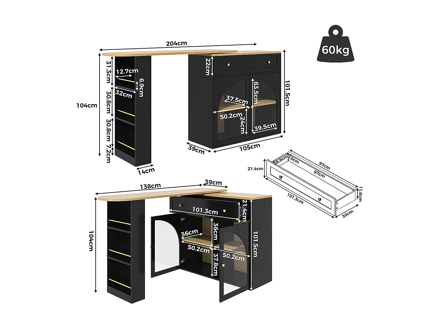 Buffet de cuisine table de bar extensible espace rangement pivotante 360° table de bar mobile moderne table bistrot étagères verre noir