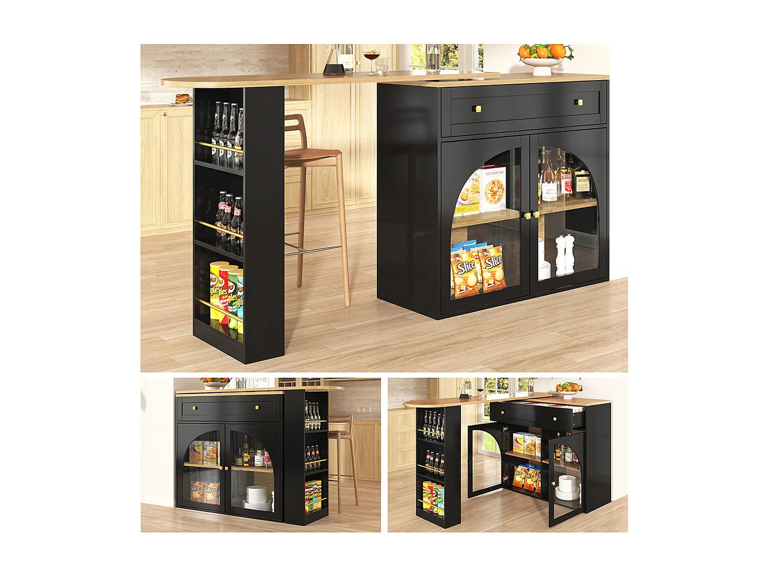 Buffet de cuisine table de bar extensible espace rangement pivotante 360° table de bar mobile moderne table bistrot étagères verre noir