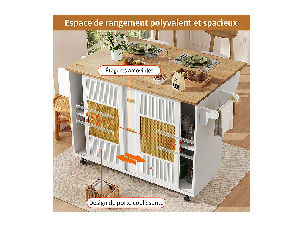Buffet de cuisine armoire îlot indépendant chariot cuisine coulissant roulettes porte-serviettes étagère épices étagères réglables blanc