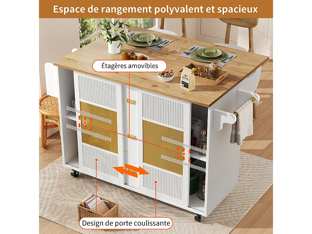 Buffet de cuisine armoire îlot indépendant chariot cuisine coulissant roulettes porte-serviettes étagère épices étagères réglables blanc