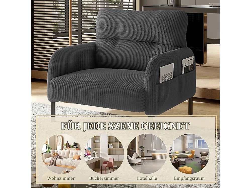 Comfortabele fluwelen fauteuil met armleuningen zijvakken stevige structuur meerdere delen woonkamer slaapkamer kantoor grijs