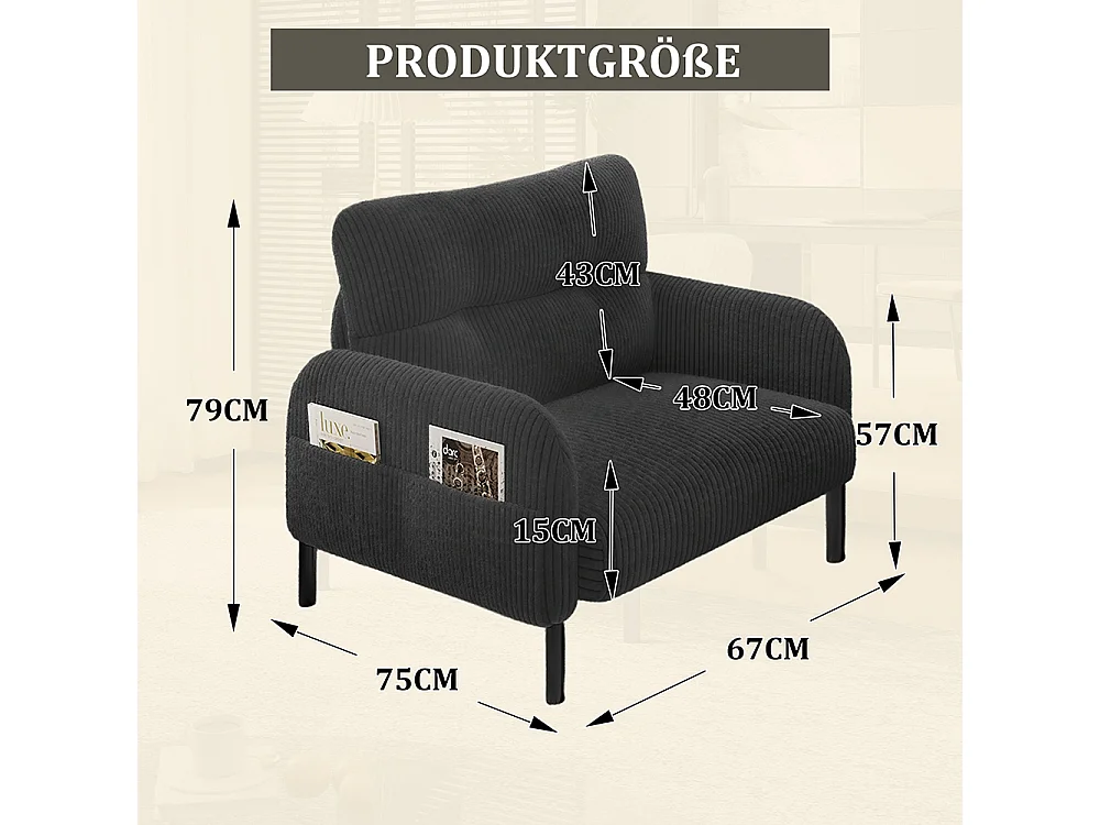 Comfortabele fluwelen fauteuil met armleuningen zijvakken stevige structuur meerdere delen woonkamer slaapkamer kantoor grijs