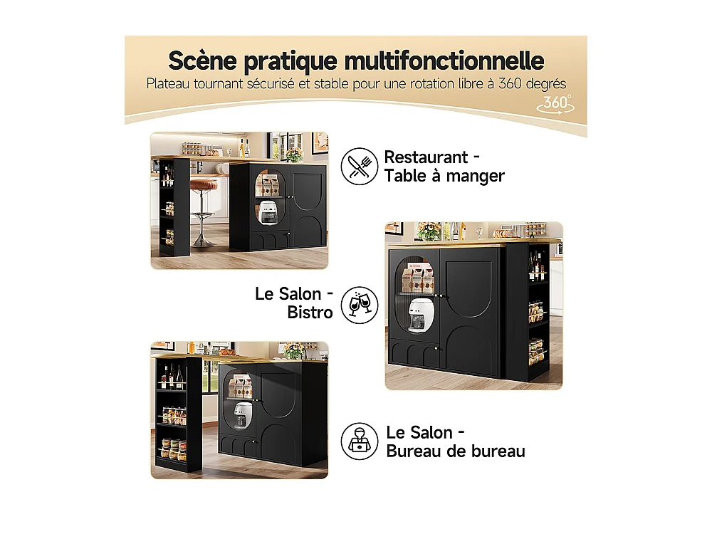 Buffet de cuisine table de bar pivotante 360° meuble bar comptoir pivotant espace rangement 3 portes étagères cloisons amovibles noir