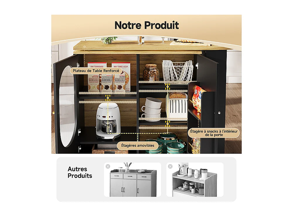 Buffet de cuisine table de bar pivotante 360° meuble bar comptoir pivotant espace rangement 3 portes étagères cloisons amovibles noir