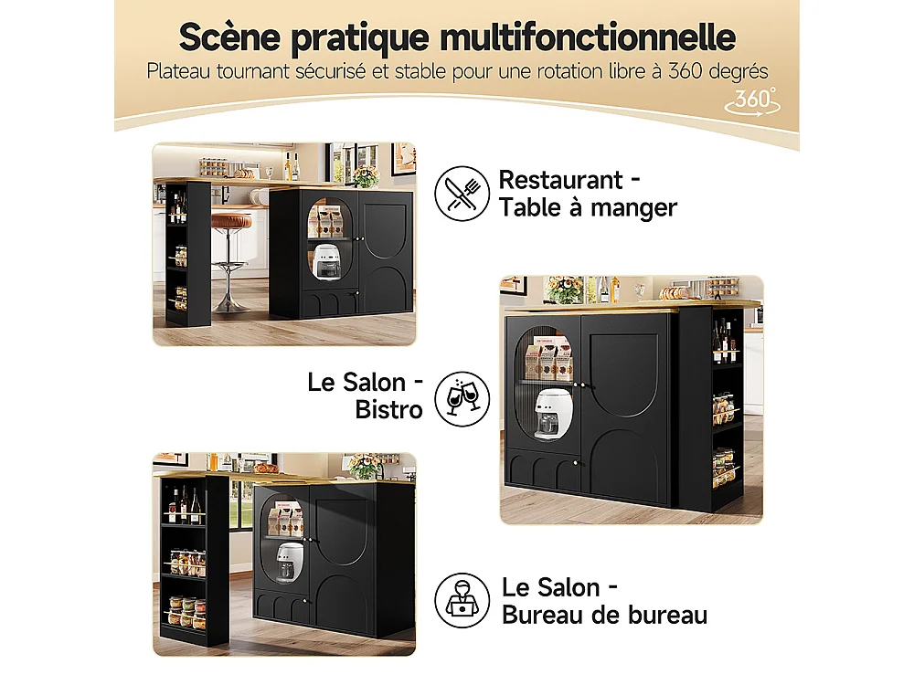Buffet de cuisine table de bar pivotante 360° meuble bar comptoir pivotant espace rangement 3 portes étagères cloisons amovibles noir