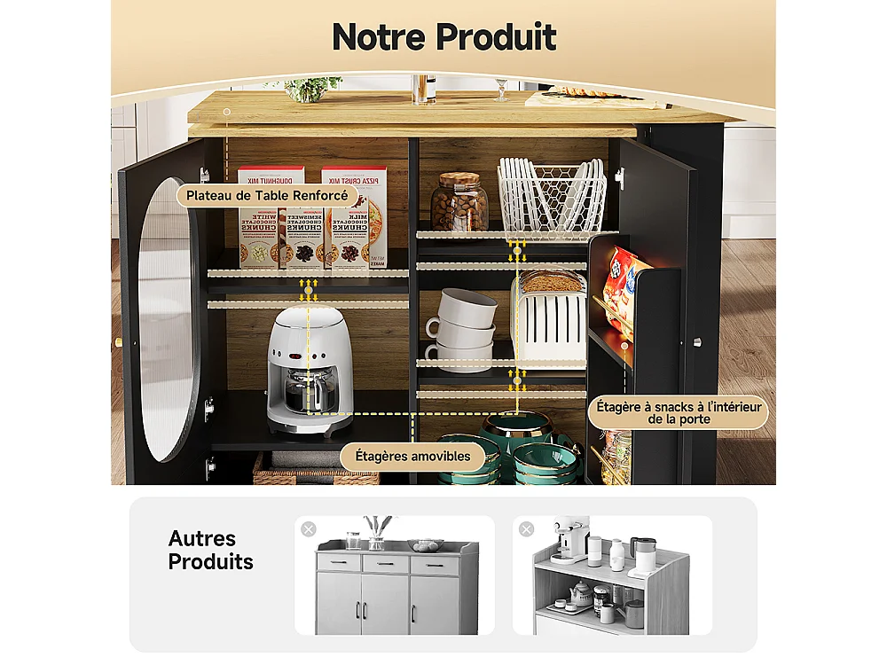 Buffet de cuisine table de bar pivotante 360° meuble bar comptoir pivotant espace rangement 3 portes étagères cloisons amovibles noir