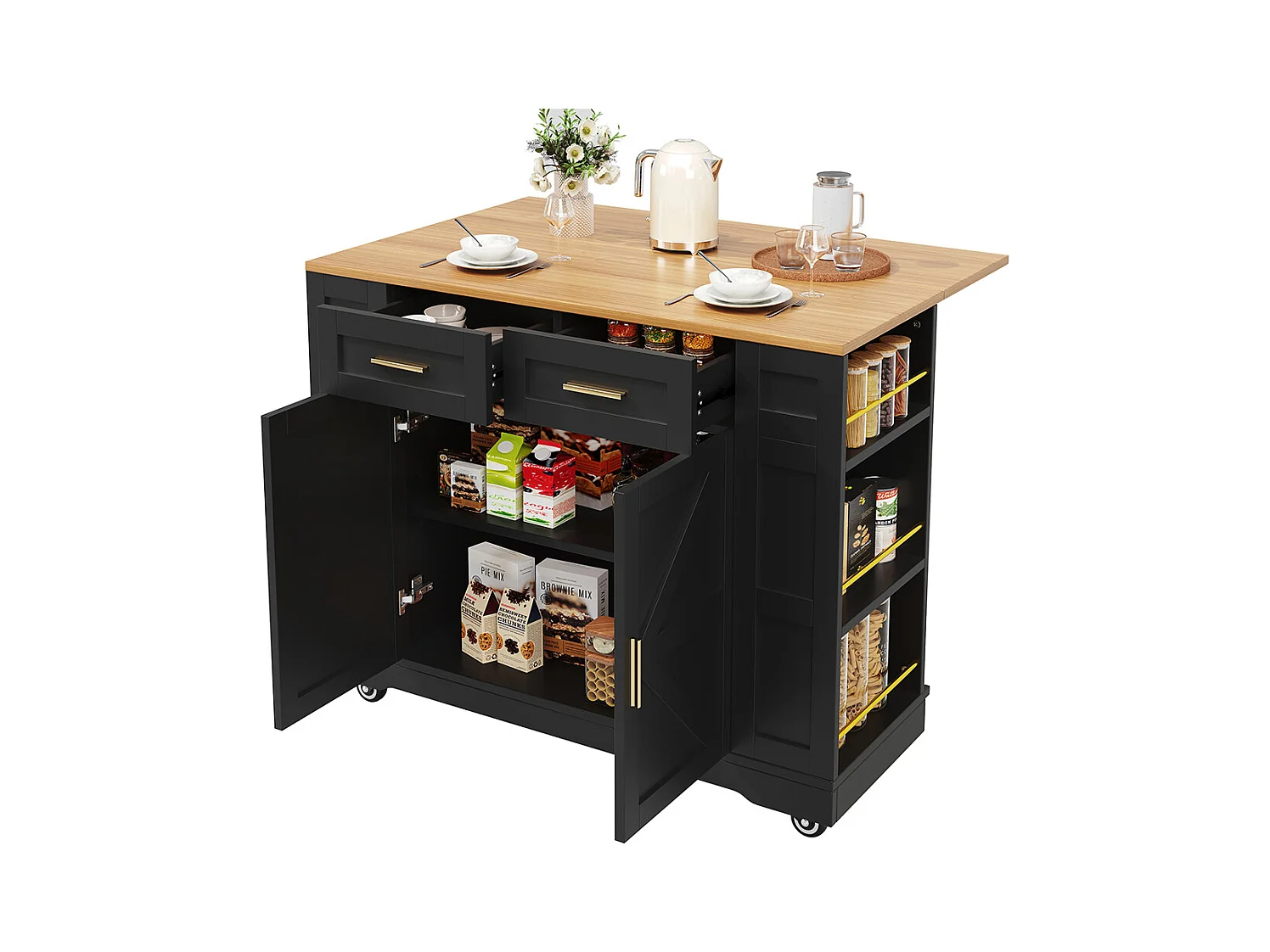 Buffet de cuisine moderne desserte veinures bois table à manger multifonctionnelle espace rangement desserte armoires extensibles noir