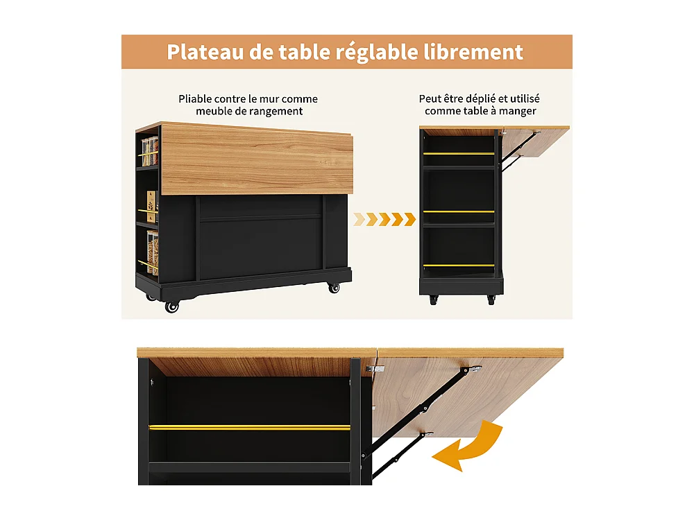 Buffet de cuisine moderne desserte veinures bois table à manger multifonctionnelle espace rangement desserte armoires extensibles noir