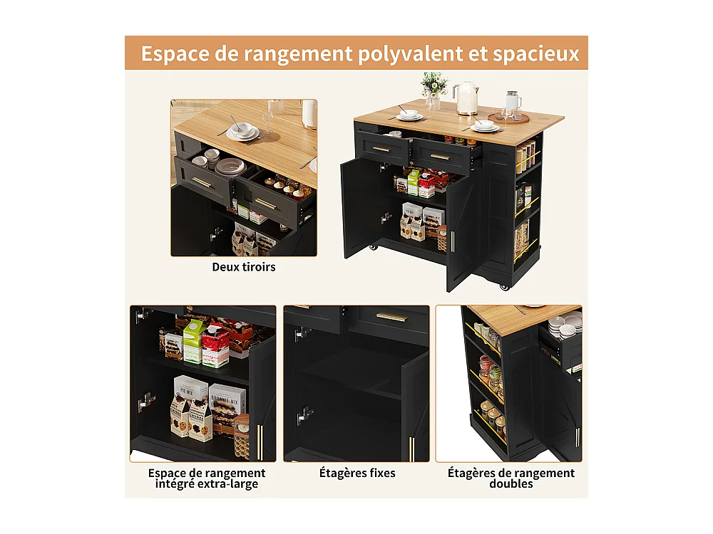 Buffet de cuisine moderne desserte veinures bois table à manger multifonctionnelle espace rangement desserte armoires extensibles noir
