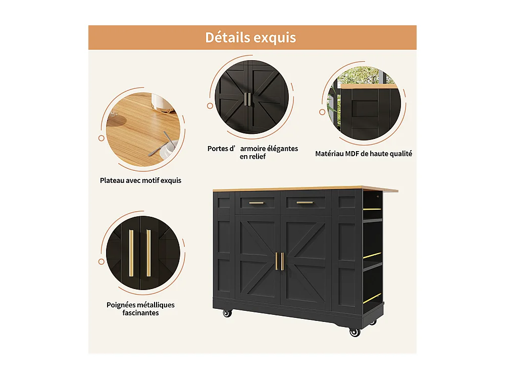 Buffet de cuisine moderne desserte veinures bois table à manger multifonctionnelle espace rangement desserte armoires extensibles noir