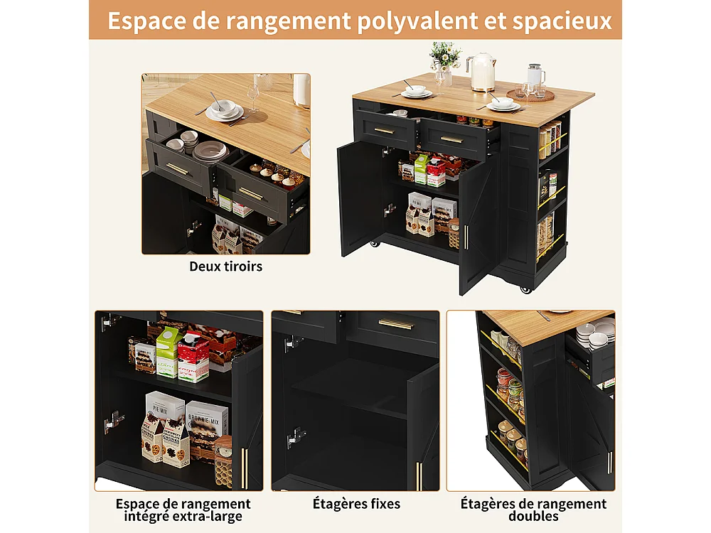 Buffet de cuisine moderne desserte veinures bois table à manger multifonctionnelle espace rangement desserte armoires extensibles noir