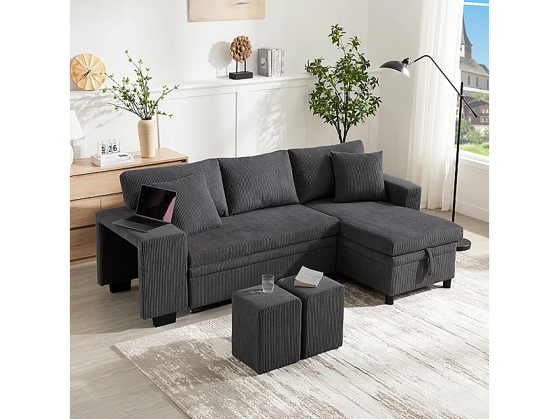 Canapé d'angle convertible fonction couchage L port USB coussins 3 places tablettes latérales espace rangement gris