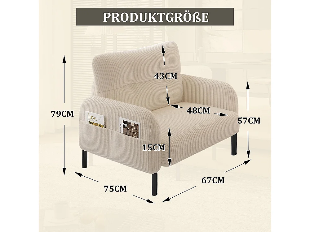 Fauteuil velours confortable accoudoirs poches latérales structure solide multipièce salon chambre bureau beige