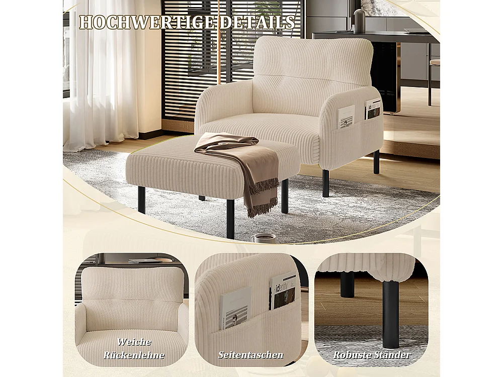 Fauteuil velours confortable accoudoirs poches latérales structure solide multipièce salon chambre bureau beige