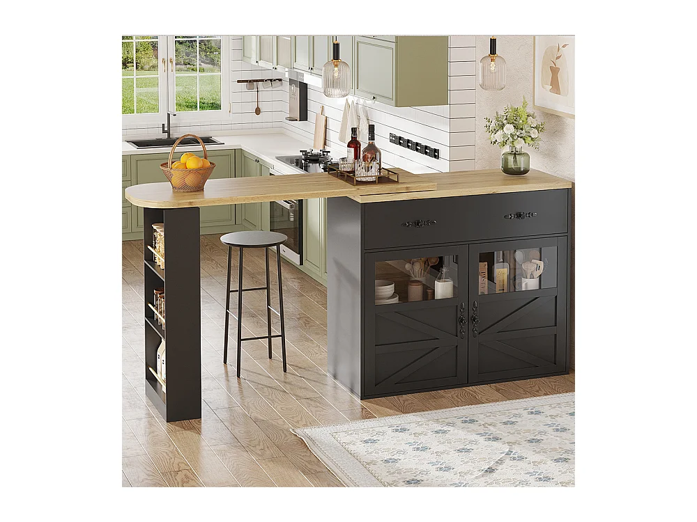 Buffet de cuisine table de bar extensible espace rangement plateau pivotant 360° moderne mobile cuisine table bistrot étagères noir
