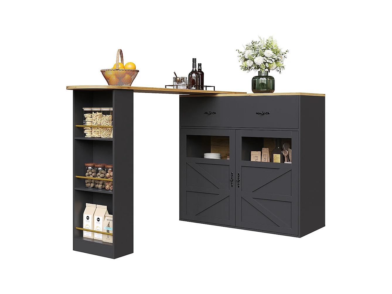 Buffet de cuisine table de bar extensible espace rangement plateau pivotant 360° moderne mobile cuisine table bistrot étagères noir