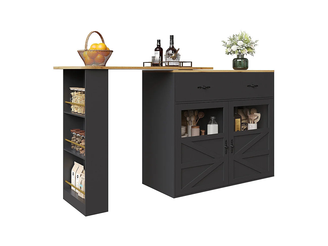 Buffet de cuisine table de bar extensible espace rangement plateau pivotant 360° moderne mobile cuisine table bistrot étagères noir