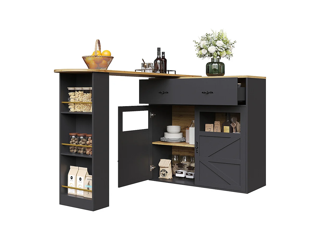 Buffet de cuisine table de bar extensible espace rangement plateau pivotant 360° moderne mobile cuisine table bistrot étagères noir