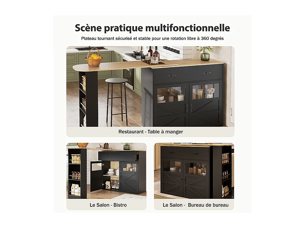 Buffet de cuisine table de bar extensible espace rangement plateau pivotant 360° moderne mobile cuisine table bistrot étagères noir