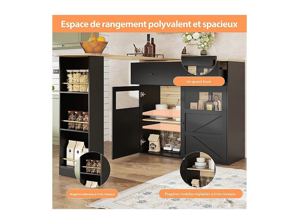 Buffet de cuisine table de bar extensible espace rangement plateau pivotant 360° moderne mobile cuisine table bistrot étagères noir