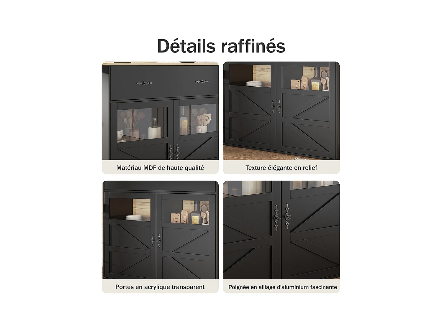 Buffet de cuisine table de bar extensible espace rangement plateau pivotant 360° moderne mobile cuisine table bistrot étagères noir