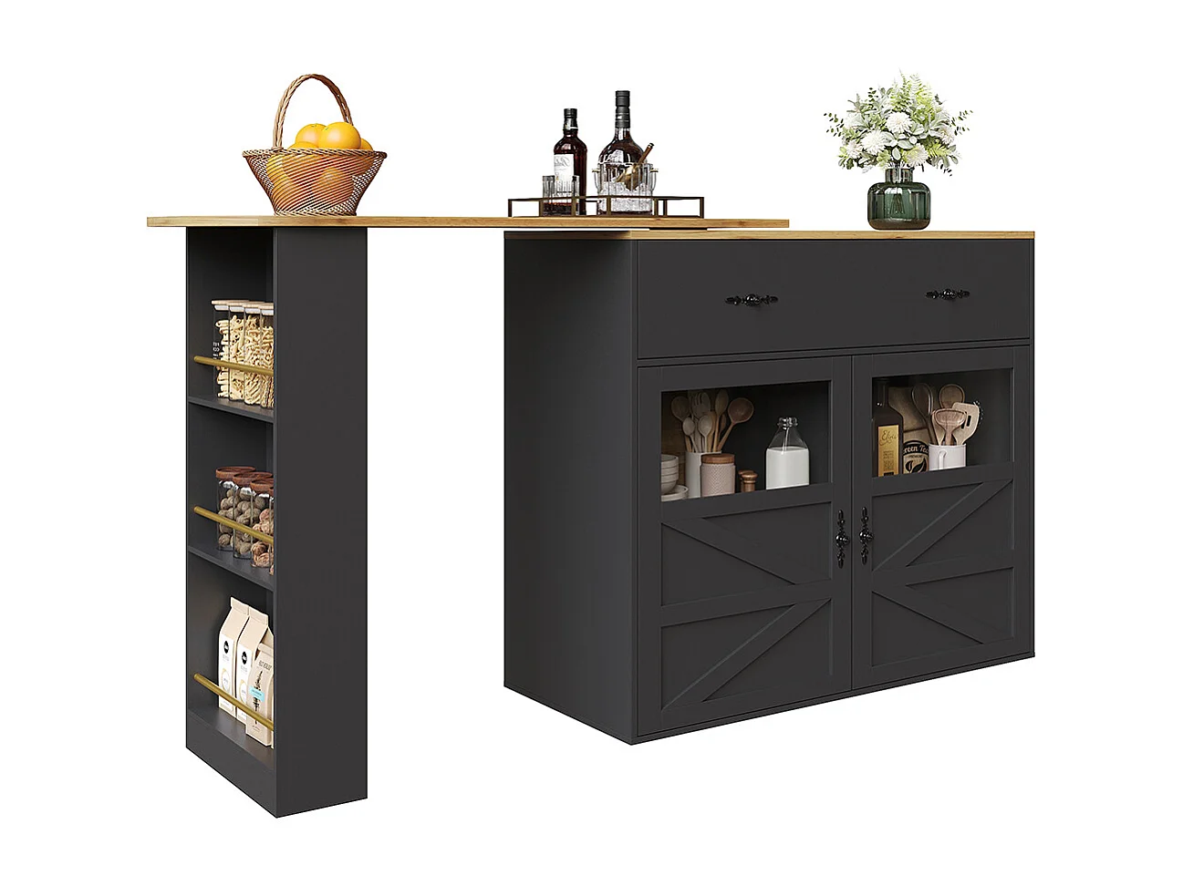 Buffet de cuisine table de bar extensible espace rangement plateau pivotant 360° moderne mobile cuisine table bistrot étagères noir