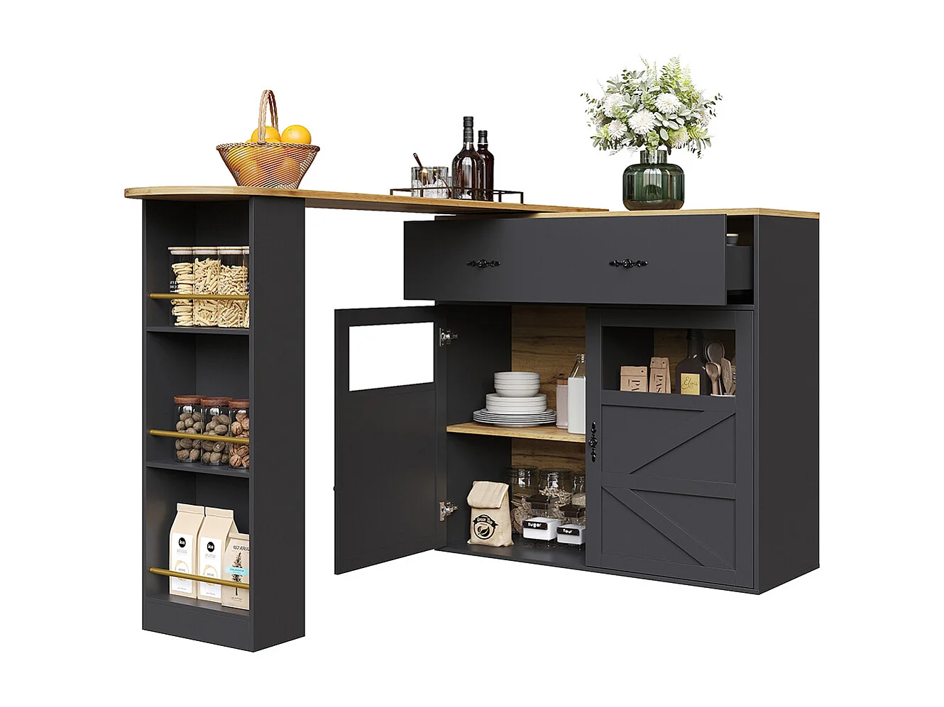 Buffet de cuisine table de bar extensible espace rangement plateau pivotant 360° moderne mobile cuisine table bistrot étagères noir