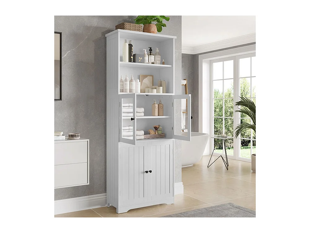 Colonne salle de bain peinture résistante à l'humidité porte vitrée porte en bois deux compartiments ouverts cloisons réglables blanc