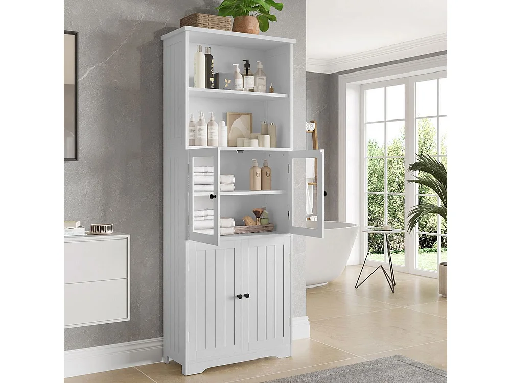 Colonne salle de bain peinture résistante à l'humidité porte vitrée porte en bois deux compartiments ouverts cloisons réglables blanc